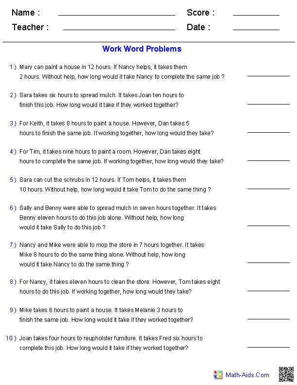 Math Aids Word Problems Answer Key