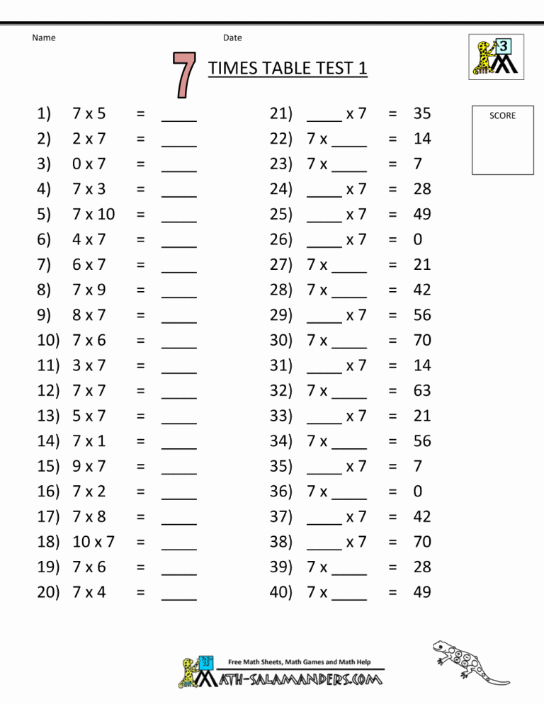 Fun 7 Times Table Worksheet