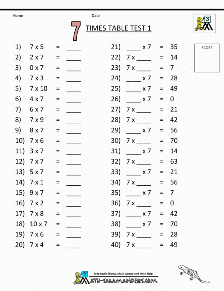 Times Table Work Sheet Printable