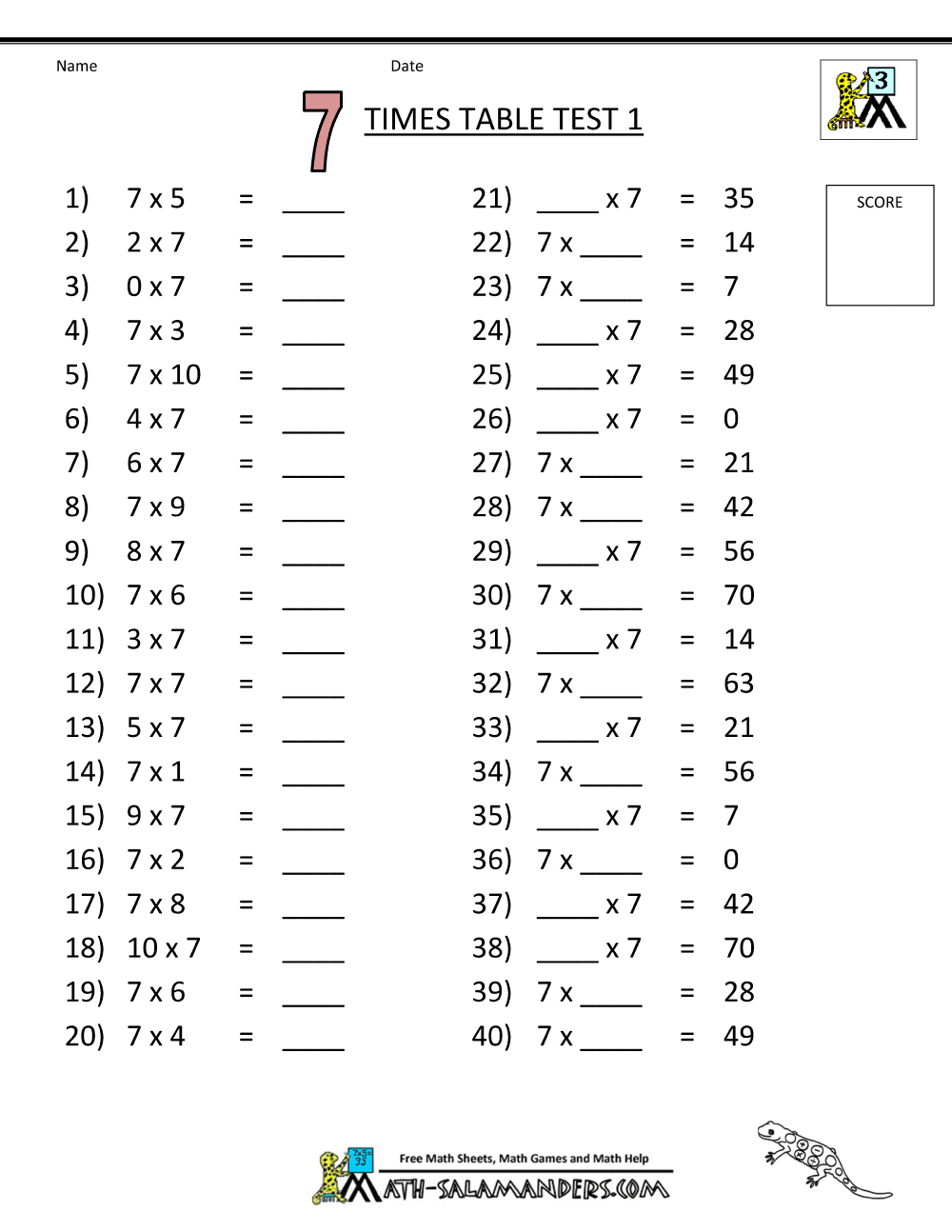 7 Times Table Worksheet Free Printable