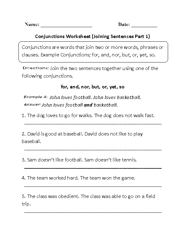 English Worksheets For Grade 5 Conjunctions