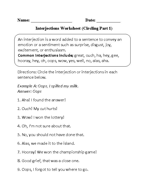 Interjections Worksheet For Class 3