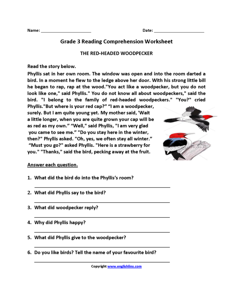 Reading Comprehension Worksheets Pdf With Answers