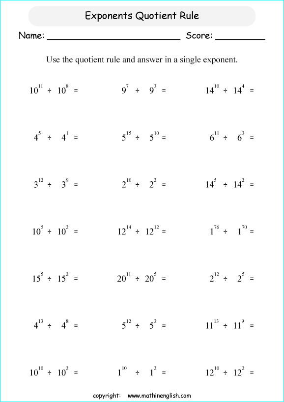 Quotient Law Of Exponents Worksheet