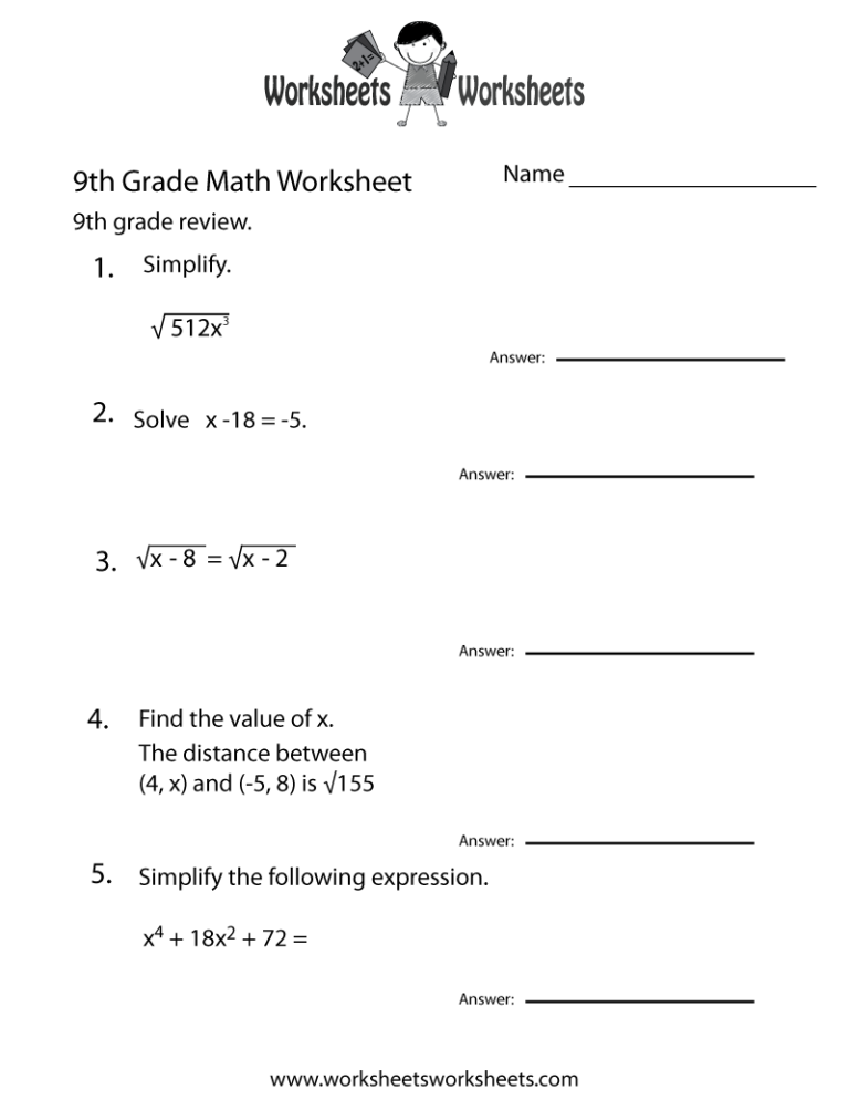 9th Grade Algebra Worksheets With Answers