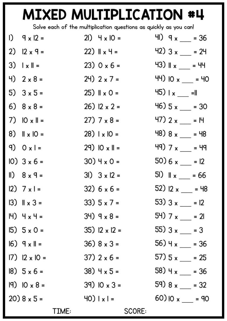 5th Grade Mixed Times Tables Worksheets