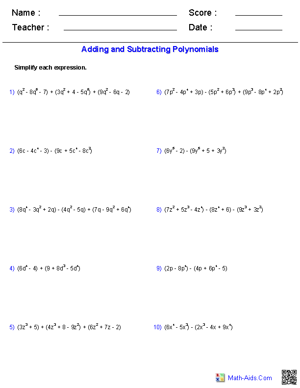 Practice Worksheet Adding And Subtracting Polynomials Answer Key