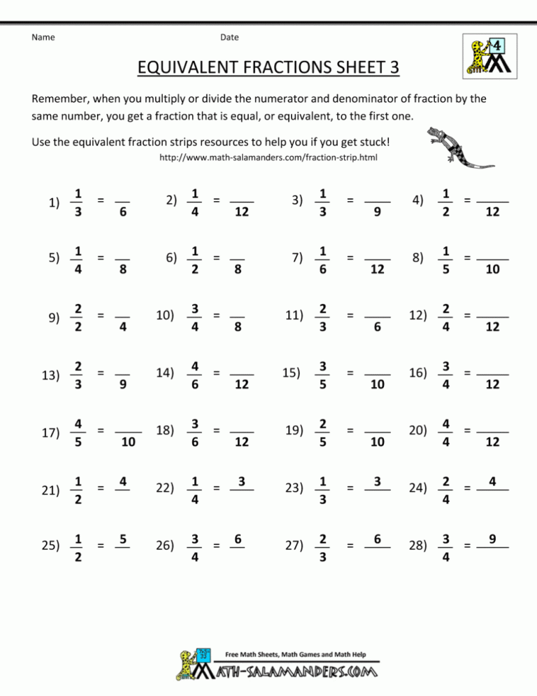 Grade 6 Math Worksheets Equivalent Fractions