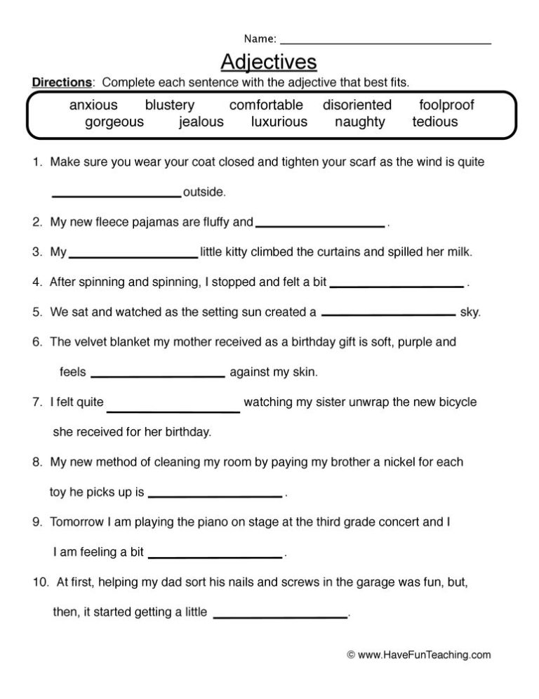 English Worksheets For Grade 5 Adjectives