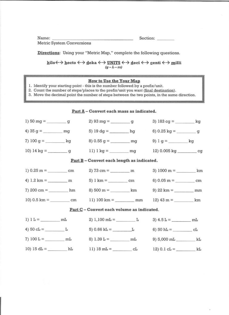 Metric Conversion Worksheet 1 Answer Sheet