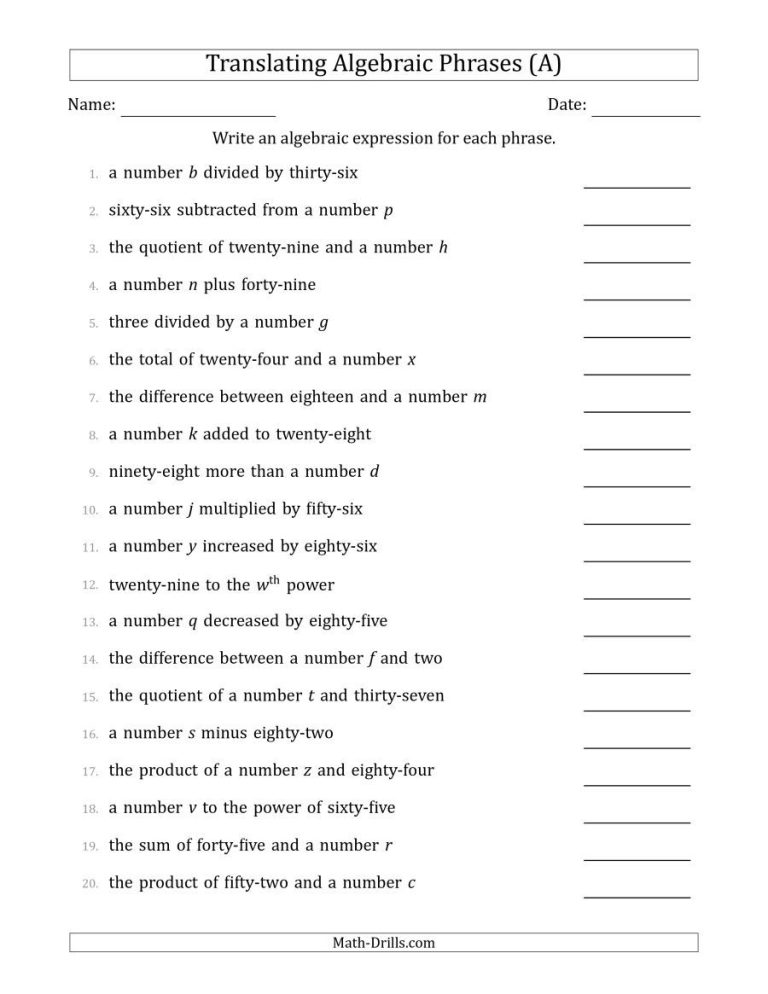 7th Grade Writing Algebraic Expressions Worksheet