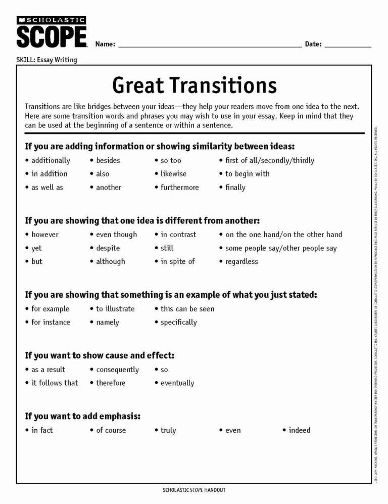 Transition Words Worksheet Pdf