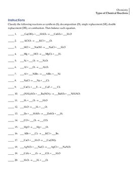 Classifying Chemical Reactions Worksheet Answer Key