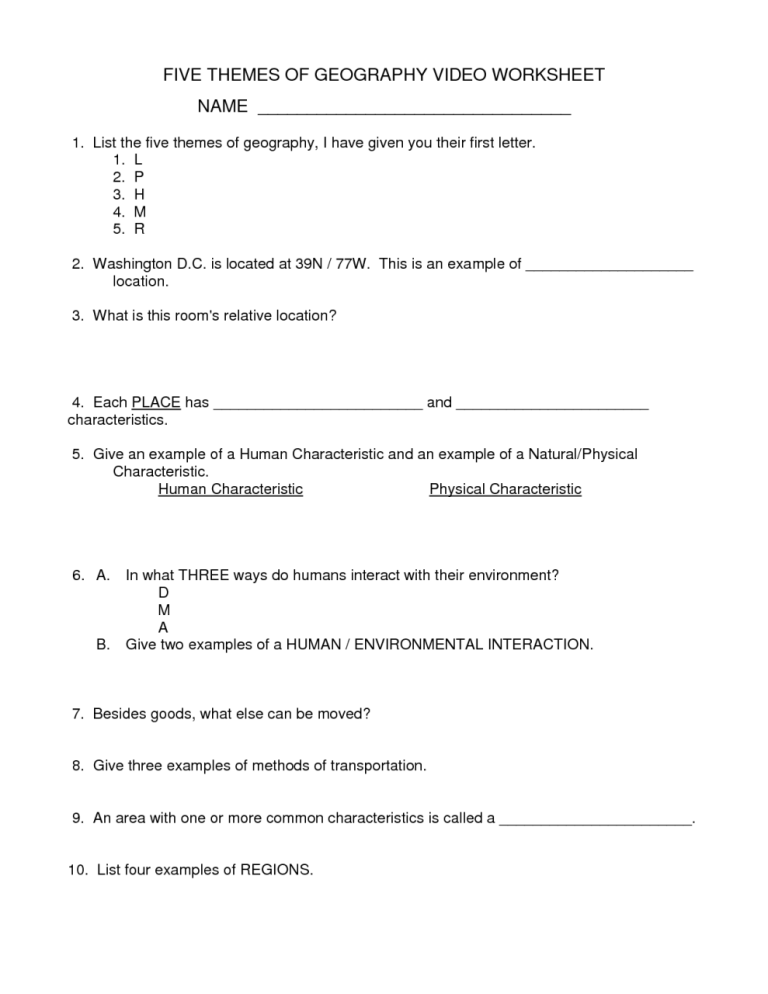 5 Themes Of Geography Worksheet Free