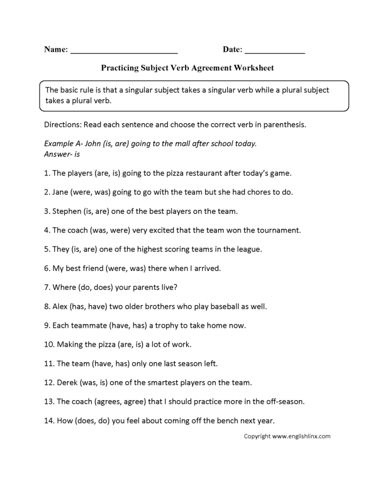 Subject Verb Agreement Worksheets For Grade 8