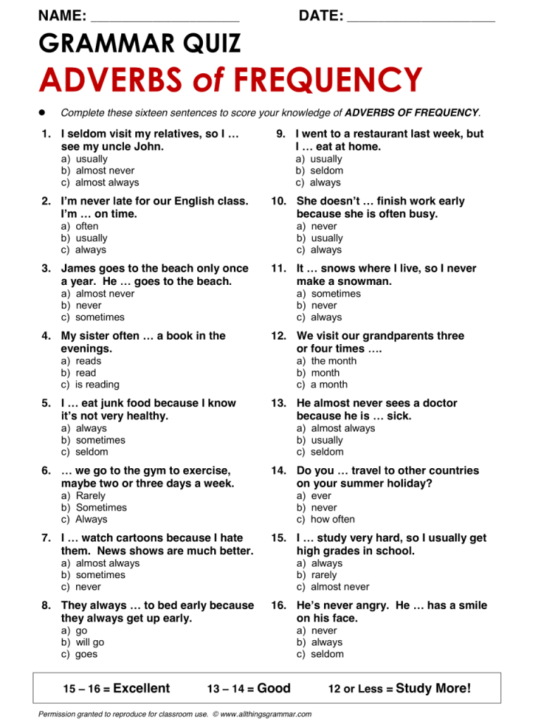 Adverbs Of Frequency Worksheets