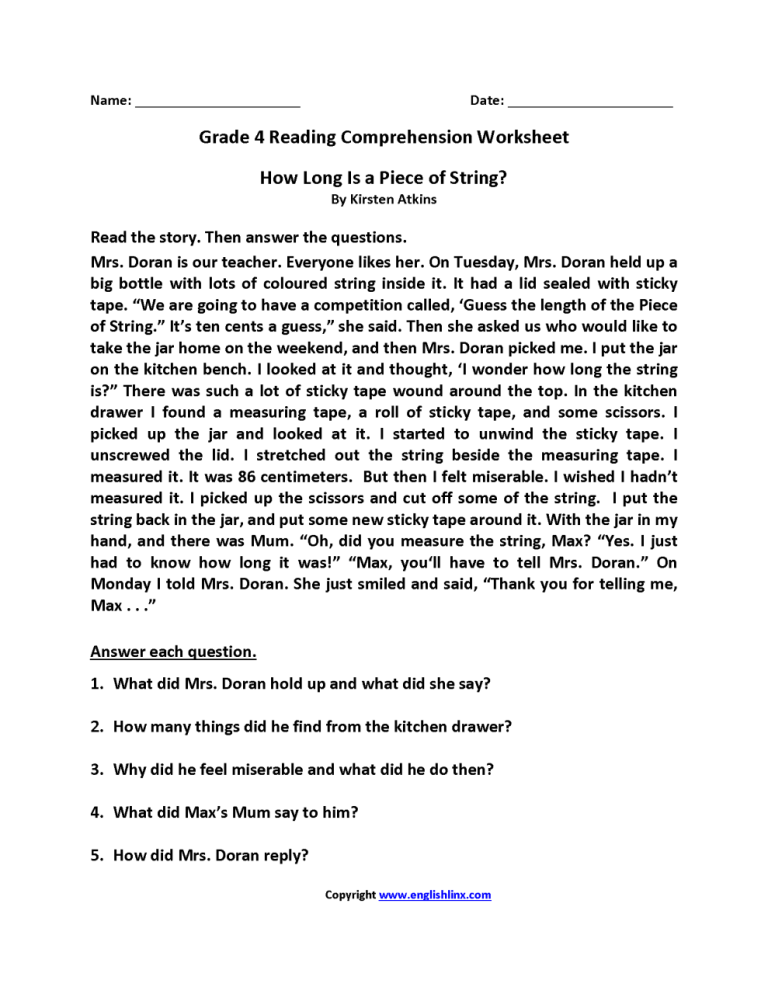 Comprehension For Class 4th