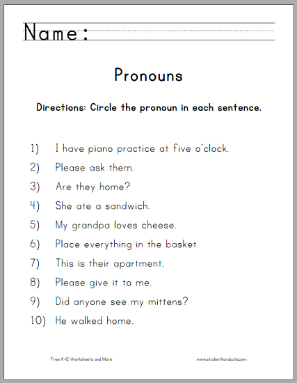 First Grade Pronouns Worksheet For Grade 1