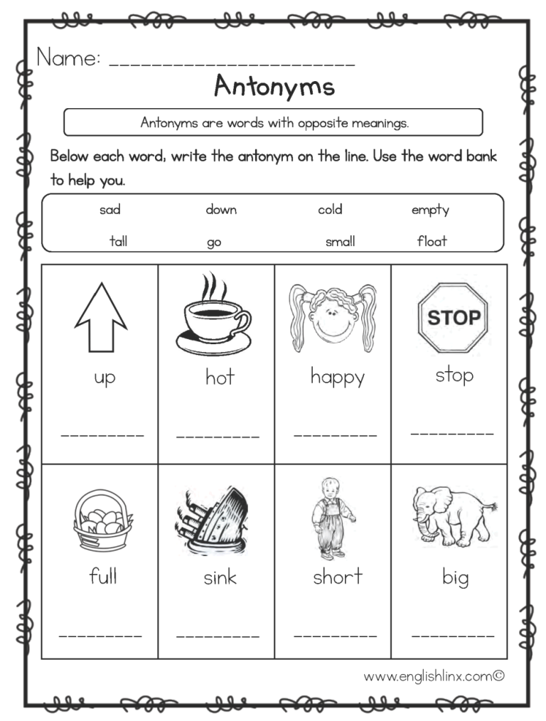 Antonyms Worksheets For Grade 1