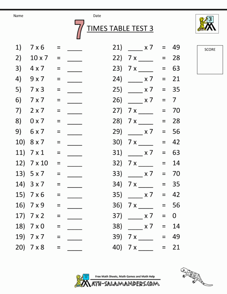 Year 7 Times Table Worksheets