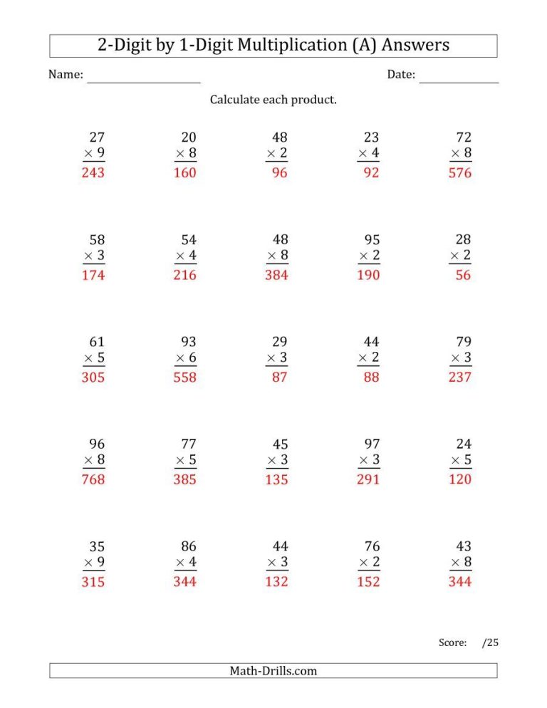 Two Digit Multiplication Worksheets With Answers