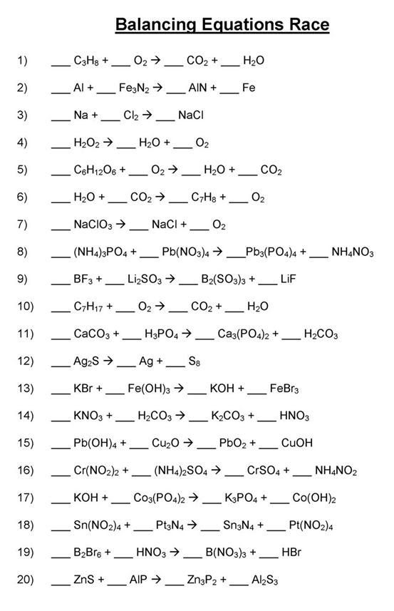 Chemistry Balancing Equations Worksheet With Answers