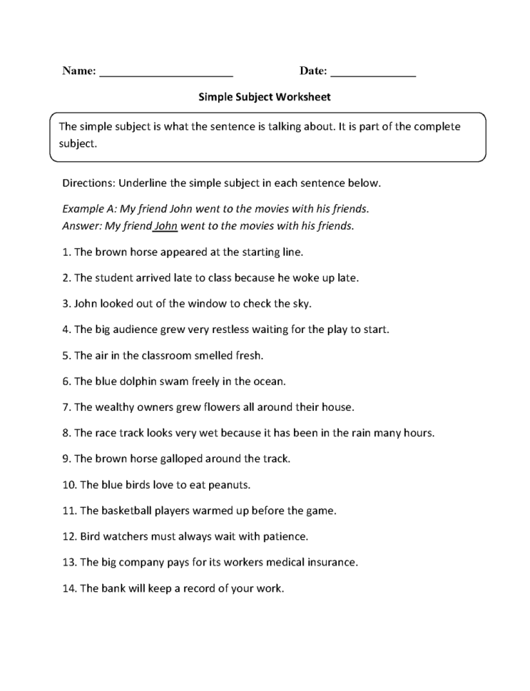 Simple Subject And Predicate Worksheets 2nd Grade