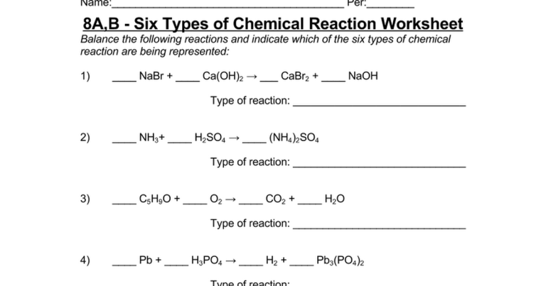 Balancing Types Of Reactions Worksheet