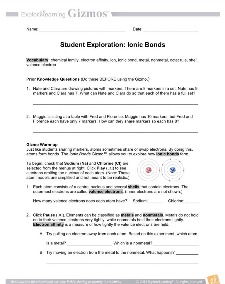 Chemical Bonding Worksheet Fill In The Blanks