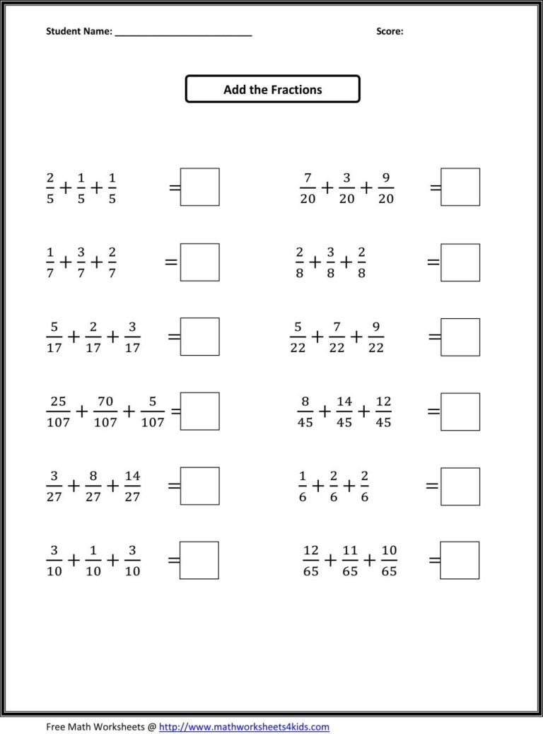 Math Worksheets For 4th Grade Fractions