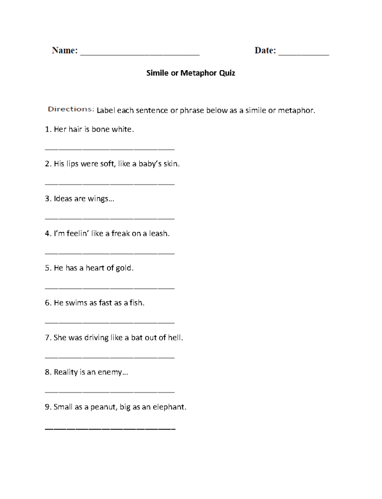 Simile And Metaphor Worksheet Pdf