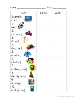 Needs And Wants Worksheet First Grade