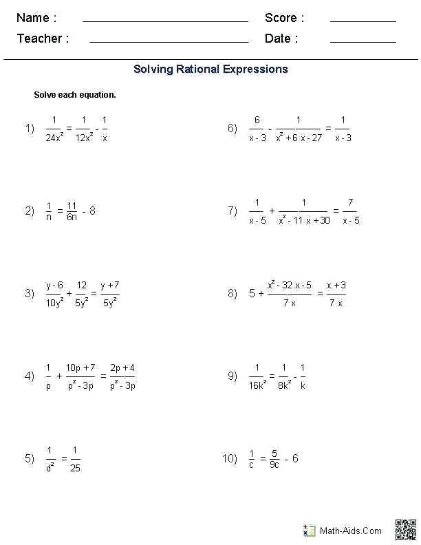 Grade 9 Rational Equations Worksheet