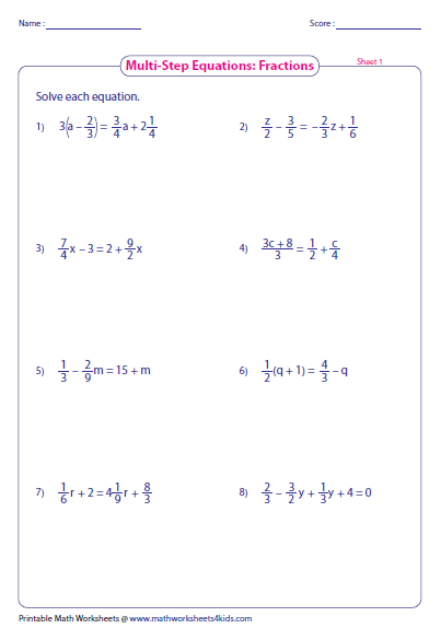 Solving Multi Step Equations Worksheet Answers Algebra 1 With Work