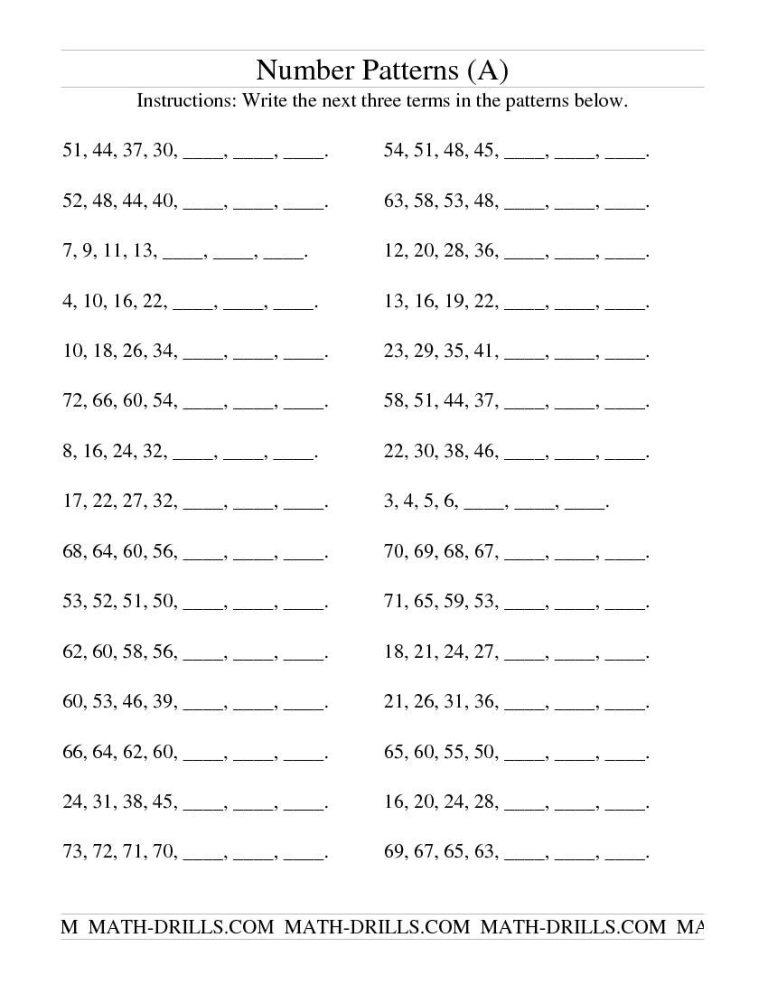 Number Patterns Worksheets Grade 3