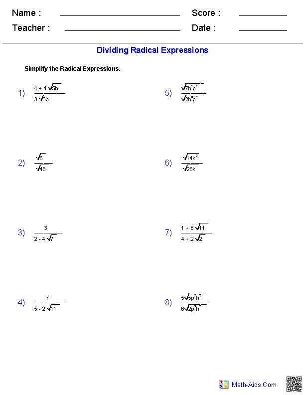 Simplifying Radical Expressions Worksheet