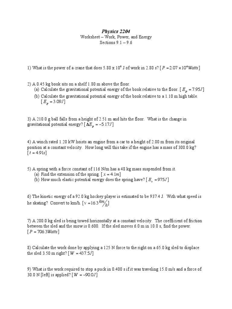 Work Power And Energy Worksheet Answer Key