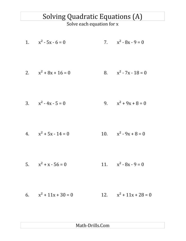 Quadratic Equation Worksheet