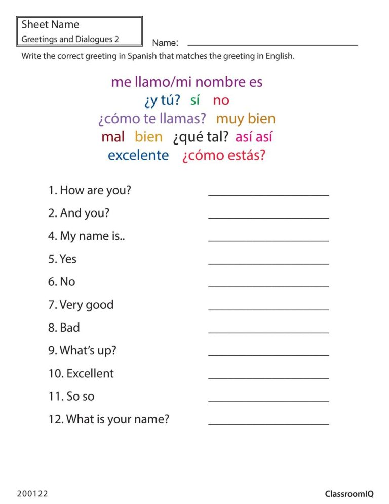 Spanish Worksheets For Kindergarten