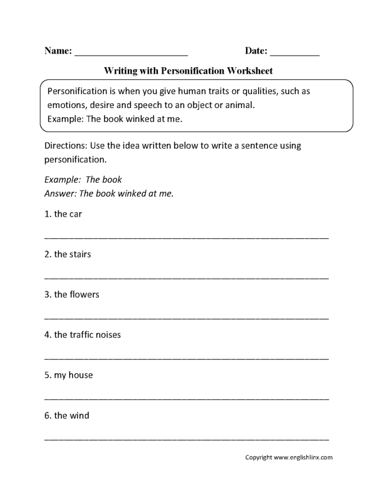 Personification Worksheet 5th Grade