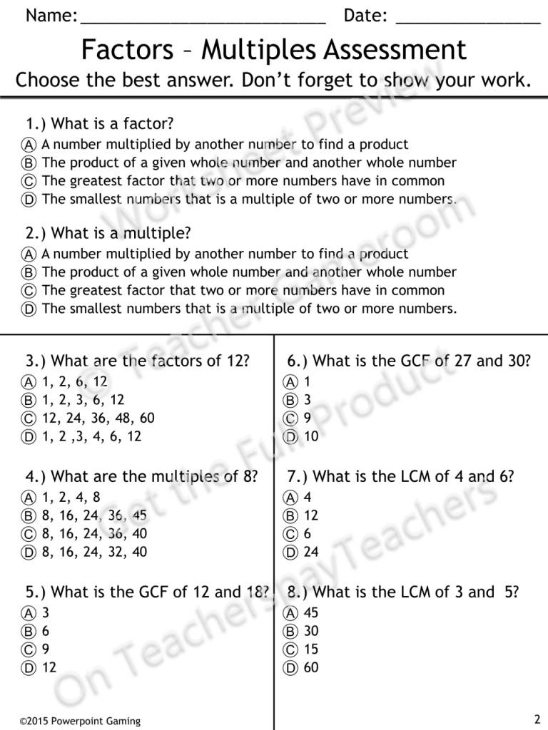 6th Grade Factor Multiple Factors And Multiples Worksheet With Answers