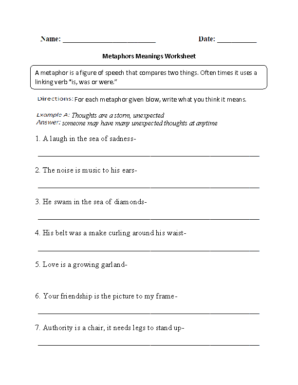 Simile And Metaphor Worksheet 1