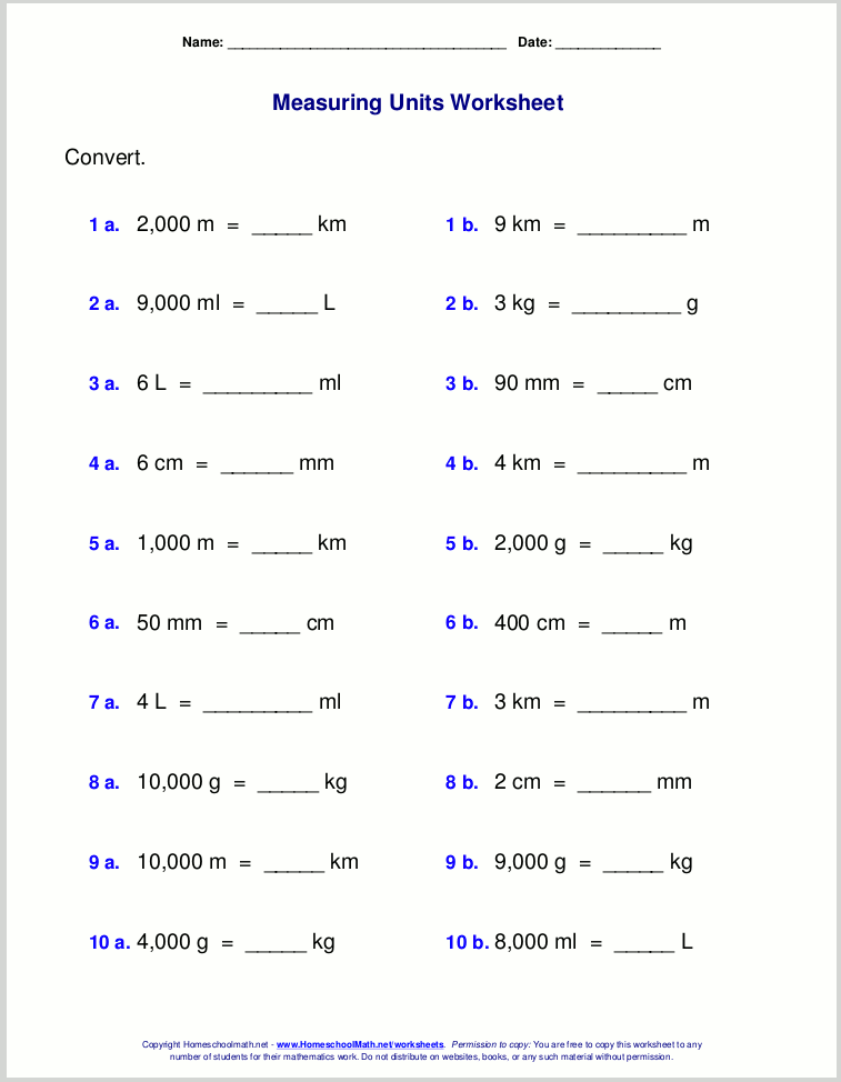 Conversion Worksheets For Grade 6