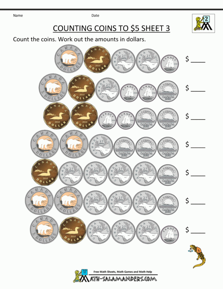 Printable Canadian Money Worksheets Grade 1