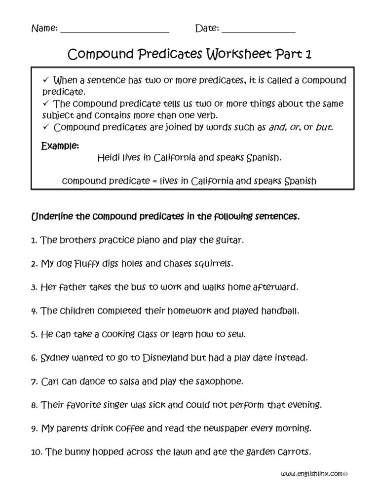 Subject And Predicate Worksheets For Grade 3 With Answers