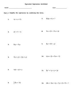 Equivalent Expressions Worksheet