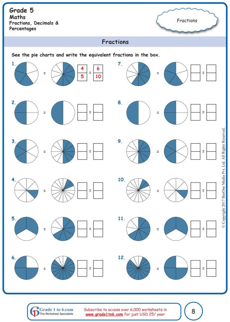 Fractions Worksheets With Answers Grade 5