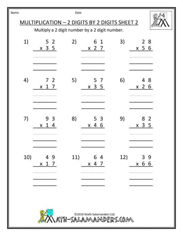 Math Worksheets Multiplication 4th Grade