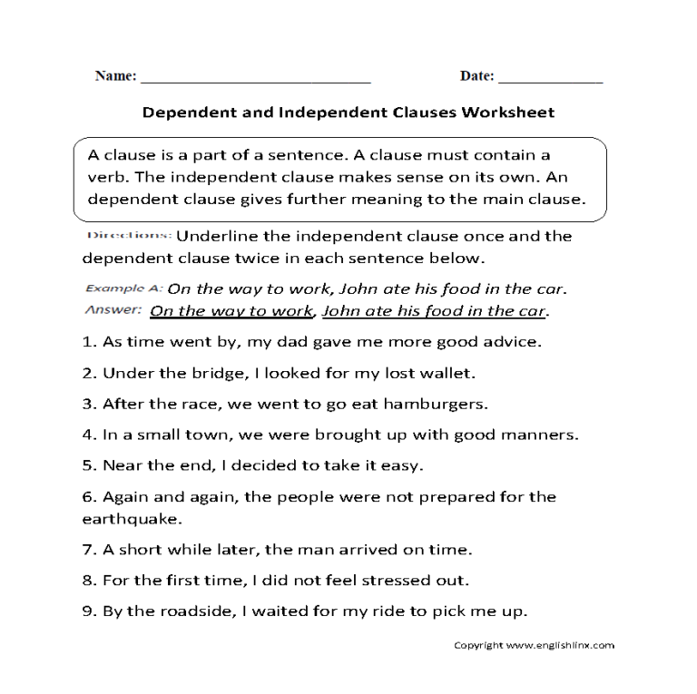 Subordinate Clause Worksheet With Answers