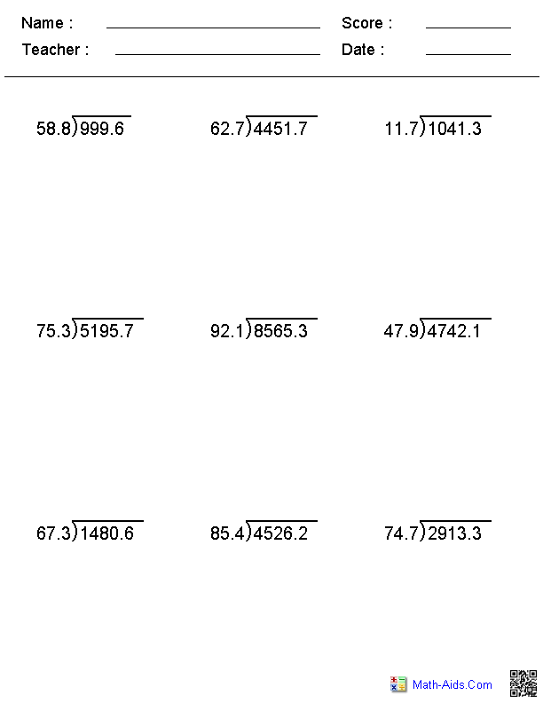 Grade 7 Long Division With Decimals Worksheets